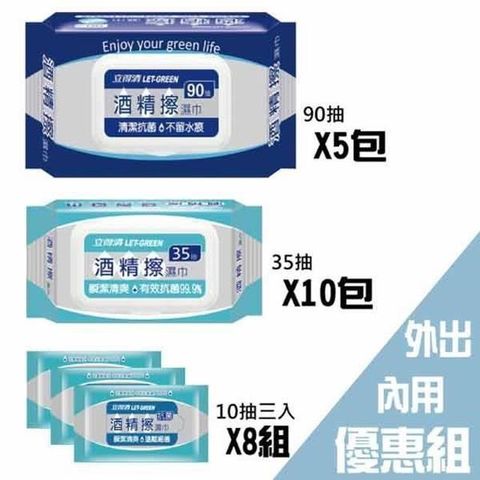 【立得清】 酒 精 擦 濕巾90抽5包+35抽10包+10抽隨身包24包 外出內用組合 (採用食品級 酒 精 )