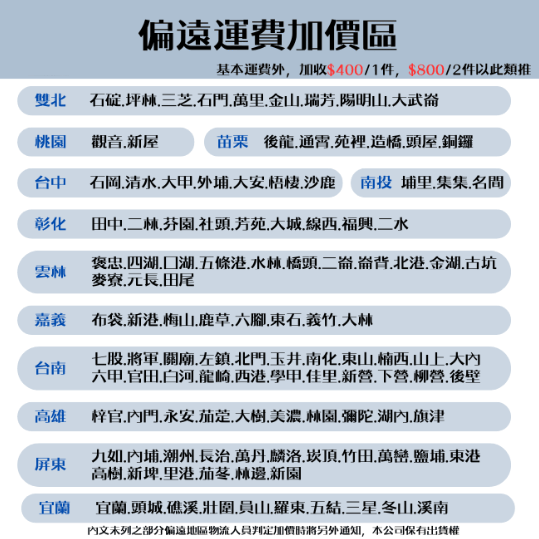 偏遠運費加價區基本運費外加收$400/1$800/2件以此類推雙北 石碇坪林三芝石門萬里金山瑞芳陽明山武桃園觀音屋苗栗後龍通霄苑裡造橋屋銅鑼台中石岡清水外埔梧棲沙鹿 南投 埔里集集名彰化田中二林芬園社頭芳苑大城線西福興二水雲林褒忠四 湖五條港水林橋頭二崙背北港金湖古坑麥寮元長田尾嘉義布袋新港梅山鹿草六腳石義竹大林台南七股將軍關廟左鎮北門玉井南化東山楠西大六甲官田白河龍崎西港學甲佳里新柳營後壁高雄梓官門永安茄萣大樹美濃林園彌陀.湖.旗津屏東九如內埔.潮州.長治.萬丹.麟洛.崁頂竹田.萬巒.鹽埔.東港高樹.新埤.里港.茄苳.林邊新園宜蘭宜蘭頭城礁溪.壯圍,員山.羅東,五結.三星.冬山.溪南內文未列之部分偏遠地區物流人員判定加價時將另外通知,本公司保有權