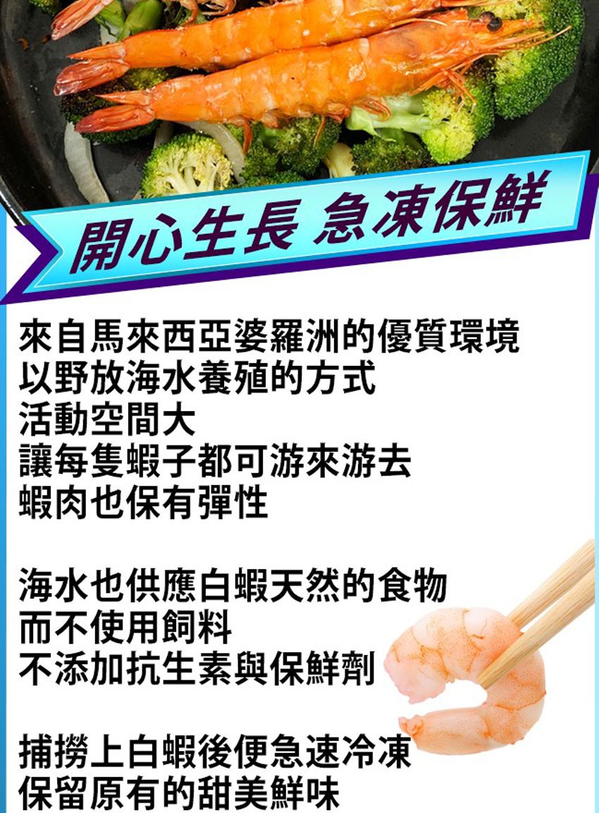 開心生長 急凍保鮮來自馬來西亞婆羅洲的優質環境以野放海水養殖的方式活動空間大讓每隻蝦子都可游來游去蝦肉也保有彈性海水也供應白蝦天然的食物而不使用飼料不添加抗生素與保鮮劑捕撈上白蝦後便急速冷凍保留原有的甜美鮮味