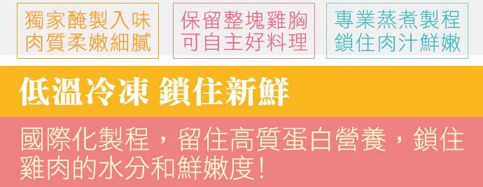 「獨家醃製入味 保留整塊雞胸 專業蒸煮製程肉質柔嫩細膩 可自主好料理 鎖住肉汁鮮嫩低溫冷凍 鎖住新鮮國際化製程,留住高質蛋白營養,鎖住雞肉的水分和鮮嫩度!