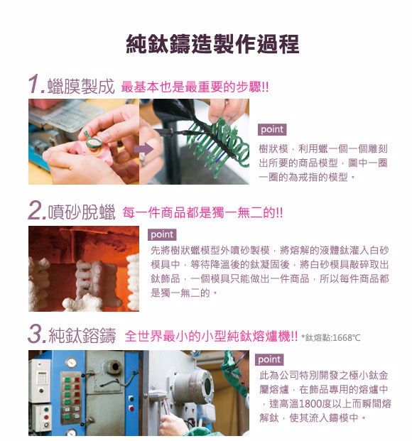 純鈦鑄造製作過程1.蠟膜製成 最基本也是最重要的步驟!!!point樹狀模利用蠟一個一個雕刻出所要的商品模型中一圈一圈的為戒指的模型2.噴砂脫蠟 每一件商品都是獨一無二的!!point先將樹狀蠟模型外噴砂製模,將熔解的液體灌入白砂模具中,等待降溫後的鈦凝固後,將白砂模具敲碎取出鈦飾品,一個模具只能做出一件商品,所以每件商品都是獨一無二的。3.純鈦鑄 全世界最小的小型純鈦熔爐機!*熔點:1668point此為公司特別開發之極小鈦金屬熔爐,在飾品專用的熔爐中,達高溫1800度以上而瞬間熔解鈦,使其流入鑄模中。