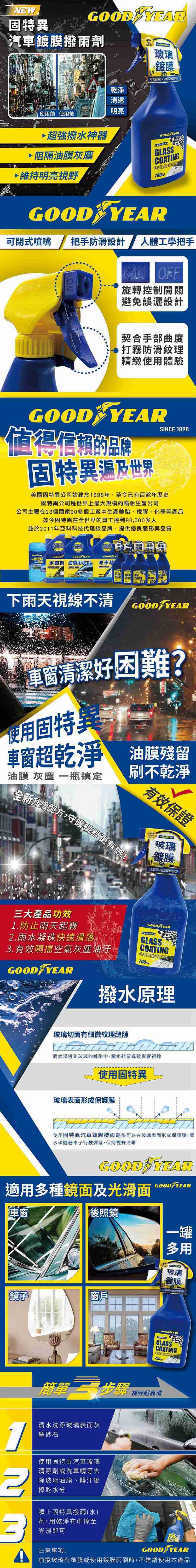 固特異GOOD 汽車鍍膜撥雨劑NEW乾淨清透玻璃鍍膜使前 使用後明亮超強撥水神器阻隔油膜灰塵維持明亮視野GOOD YEARCOATINGGOOD YEAR可閉式噴嘴把手防滑設計人體工學把手ONON OFF旋轉控制開關避免誤設計契合手部曲度打霧防滑紋理精緻使用體驗GOOD YEAR值得信賴的品牌固特異遍及世界SINCE 1898美國固特異公司始建於1898年,至今已有百餘年歷史固特異公司是世界上最大規模的輪胎生產公司公司主要在28個國家90多個工廠中生產輪胎、橡膠、化學等產品如今固特異在全世界的員工達到80,000多人並於2011年亞科科技代理該品牌,提供優良服務與品質GOODGOOD YEARGOOD YEDRYING水箱精 油膜雨刷精 洗車精   下雨天視線不清GOOD YEAR窗清潔好困難?使用固特異車窗超乾淨 油膜油膜 灰塵一瓶搞定 刷不乾淨全新升級配方,守護視野更有感!有效保證NEW玻璃鍍膜三大產品功效1.防止雨天起霧2.雨水凝珠快速滑落.有效隔擋空氣灰塵油汙GOOD YEARGOOD YEARGLASSCOATING700ml撥水原理玻璃切面有細微紋理縫隙雨水滲透到玻璃的縫隙中,積水殘留導致影響視線使用固特異玻璃表面形成保護膜使用固特異汽車鍍膜撥雨劑後可以在玻璃表面形成保護膜,讓水珠隨著車子行駛彈落,保持視野清晰GOOD YEAR適用多種鏡面及光滑面GOOD YEAR窗後照鏡一多用罐 用玻璃鍍膜  鏡子窗戶GOOD YEARGLASSCOATING700簡單三步驟 視野超高清清水洗淨玻璃表面灰塵砂石使用固特異汽車玻璃清潔劑或洗車精等去除玻璃油膜、髒汙後擦乾水分噴上固特異撥雨(水)劑,用乾淨布巾擦至3光滑即可注意事項:GLASSGOOD YEAR前擋玻璃有鍍膜或使用鍍膜雨刷時,不建議使用本產品