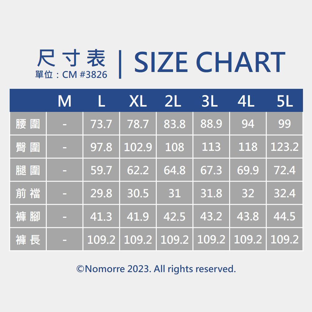 尺寸表SZE CHARTCM #3826M L XL 2L3L4L5L腰圍73.7 78.7 83.888.99499臀圍I97.8 102.9 108113118 123.2腿圍-59.7 62.2 64.867.3 69.972.4前襠-29.830.53131.8 3232.4褲腳褲長41.3 41.9 42.5109.2 109.2 109.2 109.2  109.2 109.2Nomorre 2023. All rights reserved.43.2 43.844.5