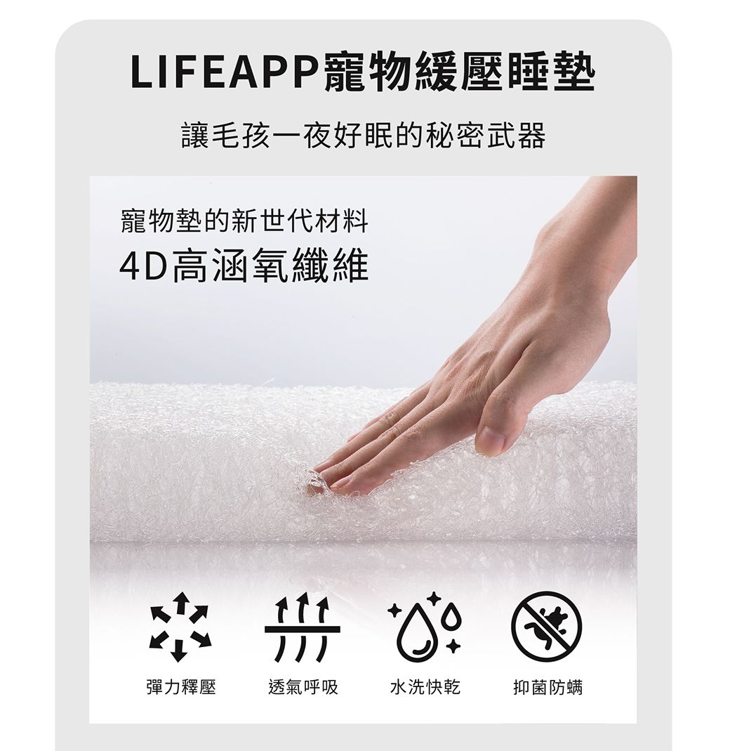 LIFEAPP寵物緩壓睡讓毛孩一夜好眠的秘密武器寵物墊的新世代材料4D高涵氧纖維彈力釋壓透氣呼吸水洗快乾抑菌防螨