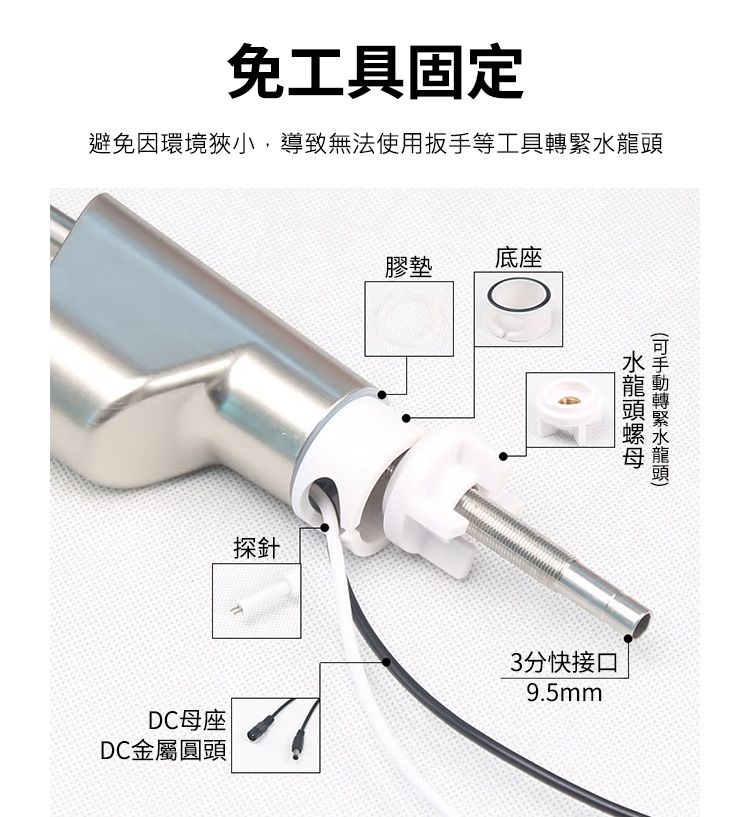 免工具固定避免因環境狹小,導致無法使用扳手等工具膠墊底座探針轉緊水龍頭DC母座DC金屬圓頭3分快接口9.5mm