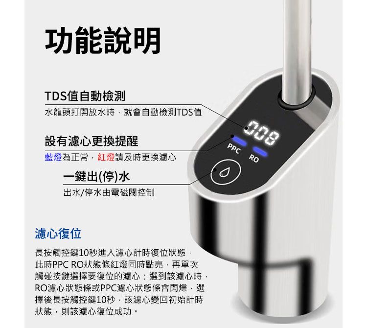 功能說明TDS值自動檢測水龍頭打開放水時,就會自動檢測TDS值PPC RO設有濾心更換提醒藍燈為正常,紅燈請及時更換濾心一鍵出(停)水出水/停水由電磁控制濾心復位長按觸控鍵10秒進入濾心計時復位狀態,此時PPC RO狀態條紅燈同時點亮,再單次觸碰按鍵選擇要復位的濾心選到該濾心時,RO濾心狀態條或PPC濾心狀態條會閃爍,選擇後長按觸控鍵10秒,該濾心變回初始計時狀態,則該濾心復位成功。