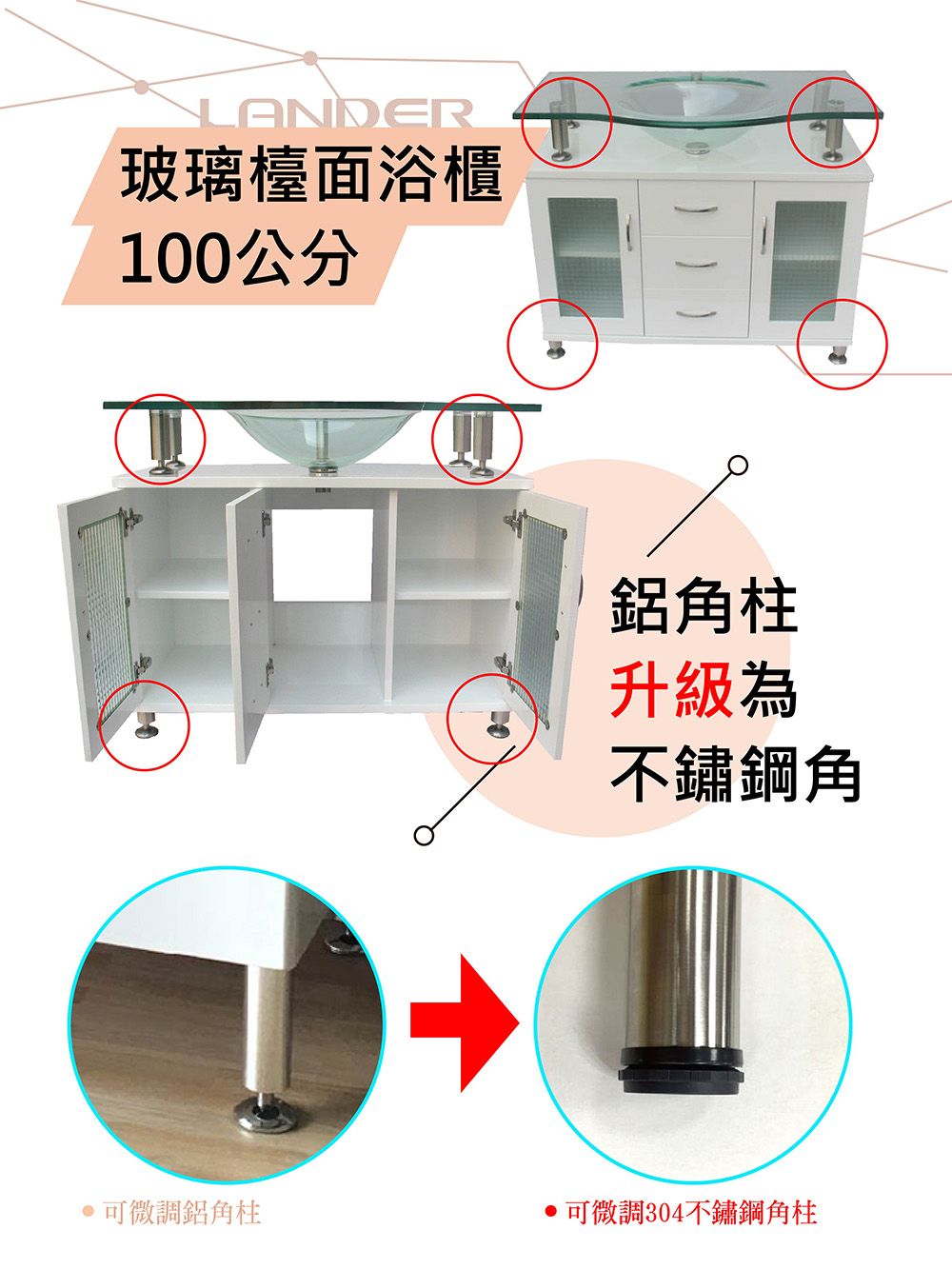 LANDER玻璃檯面浴櫃100公分角柱升級為不鏽鋼角可微調鋁角柱可微調304不鏽鋼角柱