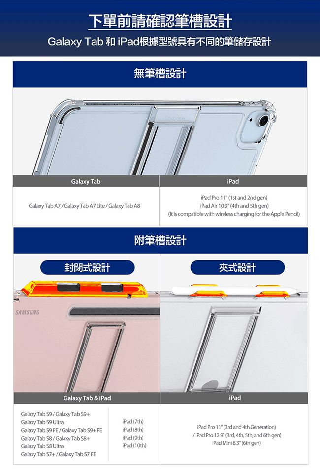 下單前請確認設計Galaxy Tab 和iPad根據型號具有不同的筆儲存設計無筆槽設計Galaxy TabiPadiPad Pro 11 1st and 2nd genGalaxy Tab A7Galaxy Tab A7 Lite/Galaxy Tab iPad Air  (4th and 5th gen)( is compatible with wireless charging for the Apple Pencil)附筆槽設計封閉式設計夾式設計SAMSUNGGalaxy Tab & iPadGalaxy Tab /Galaxy Tab Galaxy Tab S9 UltraiPad (7th)Galaxy Tab S9 FE/Galaxy Tab S9 FEiPad (8th)Galaxy Tab S8/Galaxy Tab S8+iPad (9th)Galaxy Tab S8 UltraiPad (10th))Galaxy Tab +/Galaxy Tab  FEiPadiPad Pro 11 (3rd and 4th Generation)/iPad Pro 12.9 (3rd, 4th, 5th, and 6th gen)iPad Mini 8.3 (6th gen)