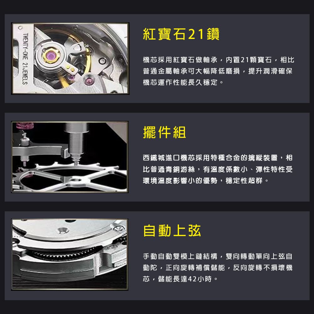 TWENTY-ONE 21JEWELS紅寶石21鑽機芯採用紅寶石做軸承内置21顆寶石,相比普通金屬軸承可大幅降低磨損,提升潤滑確保機芯運作性能長久穩定。擺件組西鐵城進口機芯採用特種合金的擒縱裝置,相比普通青銅游絲,有溫度係數小、彈性特性受環境溫度影響小的優勢,穩定性超群。自上弦手動自動雙模上鏈結構,雙向轉動單向上弦自動陀,正向旋轉補償儲能,反向旋轉不損壞機芯,儲能長達42小時。