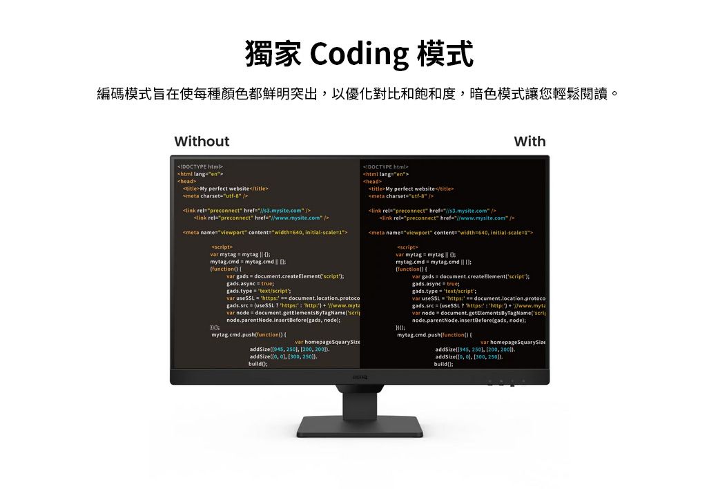 獨家 Coding 模式編碼模式旨在使每種顏色都鲜明突出以優化對比和飽和度暗色模式讓您輕鬆閱讀。WithoutWithDOCTYPE  langheadtitleMy perfect websitetitle charset  relpreconnect hrefs3mysitecom link relpreconnect hrefwwwmysitecom meta nameviewport contentwidth64 initialt mytag mytag  mytag.cmd  mytag.cmd  var gads  document.createElementgads.asynctruegads.type  textscriptvar  https  document.location.protocogads.src  useSSL  https http  var node  document.getElementsByTagNamescripnode.parentNode.insertBeforegads nodemytag.cmd.pushfunction var homepageSquarySizeaddSize945 25 2 200.addSize0, 0, 300, .buildDOCTYPE htmlhtml langenheadtitleMy perfect websitetitlemeta charsetutf8 link relpreconnect hrefs3.mysite.com /link relpreconnect hrefwww.mysite.com /meta nameviewport contentwidth640, initial-scalescriptvar mytag mytag mytag.cmd mytag.cmd  functionvar gads document.createElementscriptgads.async  truegads.type  text/scriptvar useSSL https  document.location.protocogads.src  useSSL  https : http:  //www.mytavar node document.getElementsByTagNamescrinode.parentNode.insertBeforegads, nodemytag.cmd.pushfunction var homepageSquarySizeaddSize945, 250, 200, ).addSize0, 0, 300,250)).build();