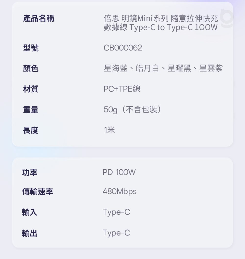 產品名稱倍思 明鏡Mini系列 隨意拉伸快充數據線 Type-C to Type-C 100WCB000062型號顏色材質重量長度星海藍、皓月白、星曜黑、星雲紫PC+TPE線50g(不含包裝)功率傳輸速率PD 100W480MbpsType-C輸入輸出Type-C