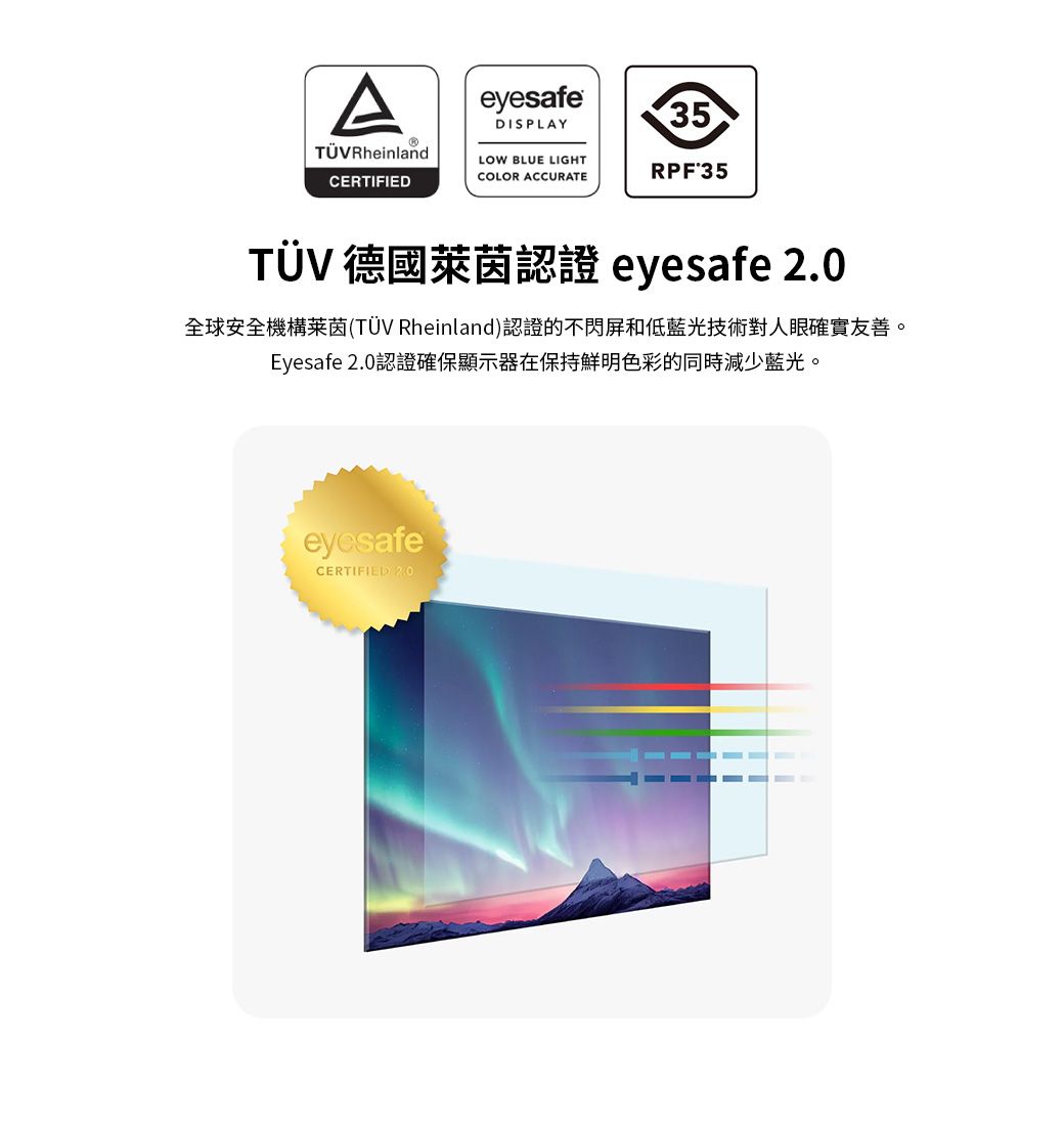 ATÜVRheinlandCERTIFIEDeyesafeDISPLAYLOW BLUE LIGHTCOLOR ACCURATE35RPF 35TÜV 德國萊茵認證 eyesafe 全球安全機構莱茵(TÜV Rheinland)認證的不閃屏和低藍光技術對人眼確實友善。Eyesafe 2.0認證確保顯示器在保持鮮明色彩的同時減少藍光。eyesafeCERTIFIED 2.0