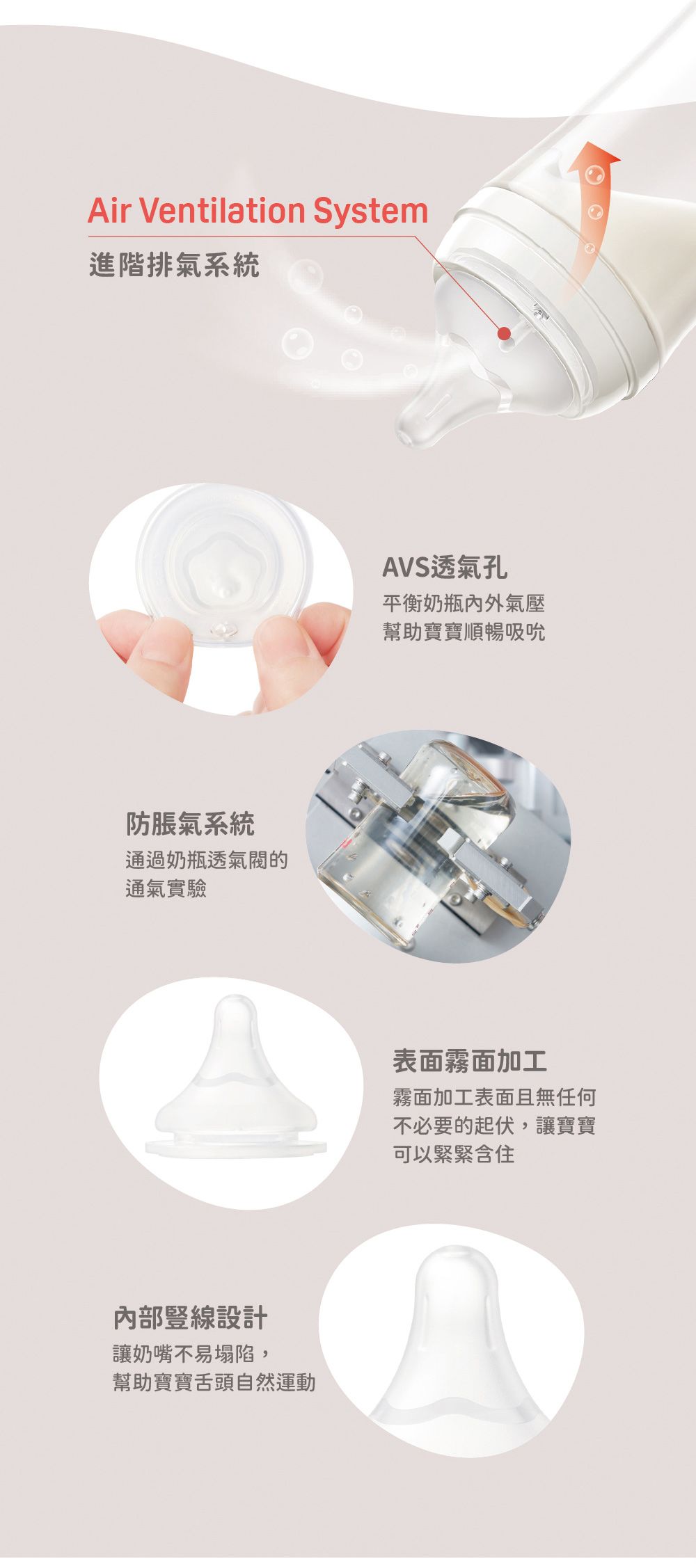 Air Ventilation System進階排氣系統防脹氣系統通過奶瓶透氣閥的通氣實驗內部豎線設計讓奶嘴不易塌陷,幫助寶寶舌頭自然運動AVS透氣孔平衡奶瓶內外氣壓幫助寶寶順暢吸吮表面霧面加工霧面加工表面且無任何不必要的起伏,讓寶寶可以緊緊含住