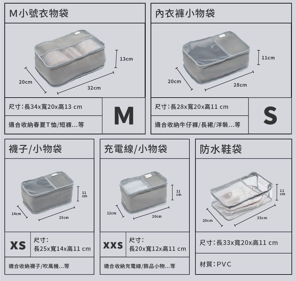 M小號衣物袋203213內衣褲小物袋20cm28cm11cm尺寸:長34x寬20x高13 cm尺寸:長28x寬20x高11 cmM適合收納春夏T恤短褲等適合收納牛仔褲/長裙/洋裝...等襪子/小物袋充電線/小物袋| 防水鞋袋14cm25cm11cm12cm20cm11cm20cm33cm尺寸:尺寸:長25x寬14x高11cmXXS尺寸:長33x寬20x高11cm長20x寬高11 cm適合收納襪子/吹風機...等適合收納充電線/飾品小物...等材質:PVC11cm