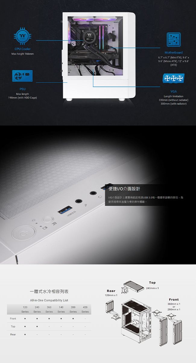 CPU Cooler height 166mPSUMa length190mm (with HDD Cage一體式水冷相容列表All-in-One Compatibility List120240360140Series Series Series280Series SeriesFrontRearmMotherboard  6.7 (Mini )  9.6 (Micro ATX), 12 x 9.6(ATX)VGALength limitation330mm (without )300mm (with radiator)便捷O介面設計I/O介面設計上建置兩組超高速USB 3.0的按扭,為使用者带来的體驗Rear120mm x 1Top240mm x 1Front360mm x 1280mm x 1