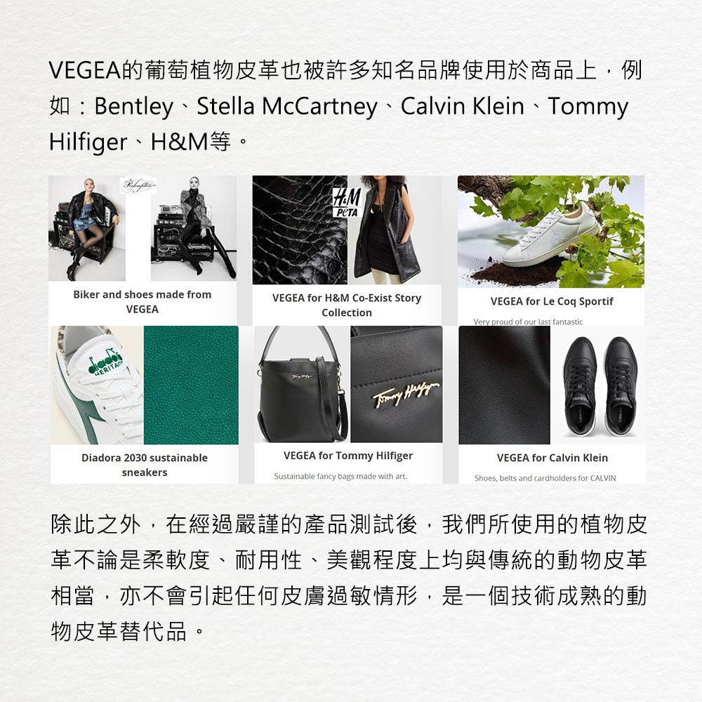 VEGEA的葡萄植物皮革也被許多知名品牌使用於商品上,例如:Bentley、Stella McCartney、Calvin Klein、Hilfiger、H&M等。HMBiker and shoes made fromVEGEAVEGEA for H&M Co-Exist StoryCollectionDiadora 2030 sustainablesneakersTommy VEGEA for Le Coq SportifVery proud of our last fantasticVEGEA for Tommy HilfigerVEGEA for Calvin KleinSustainable fancy bags made with artShoes, belts and cardholders for CALVIN除此之外,在經過嚴謹的產品測試後,我們所使用的植物皮革不論是柔軟度、耐用性、美觀程度上均與傳統的動物皮革相當,亦不會引起任何皮膚過敏情形,是一個技術成熟的動物皮革替代品。