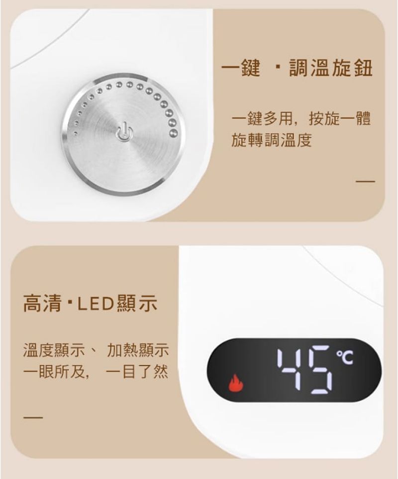 高清LED顯示溫度顯示、 加熱顯示一眼所及,一目了然一鍵 調溫旋鈕一鍵多用,按旋一體旋轉調溫度