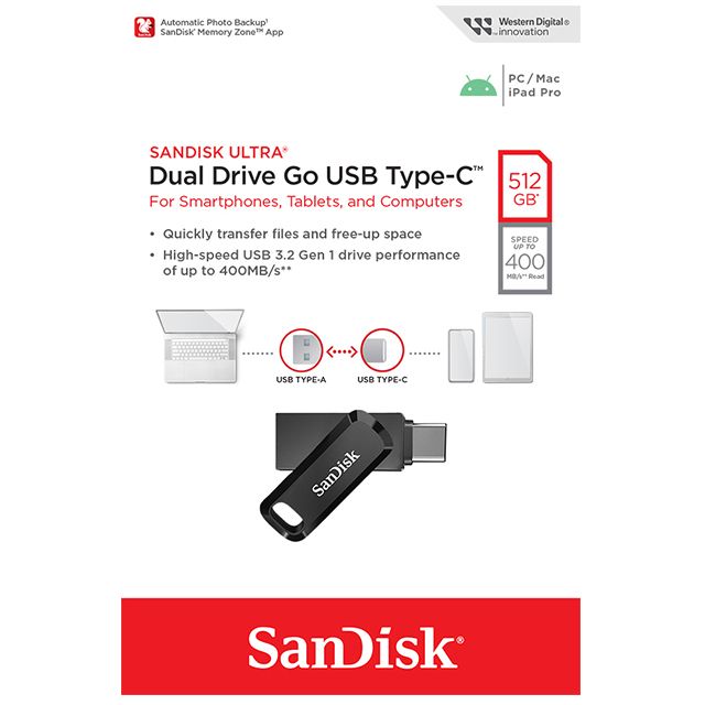 Automatic Photo BackupSanDik Memory Zone  Quickly transfer files and freeup space Highspeed USB 3.2 Gen 1 drive performanceof up to 400sSANDISK Dual Drive  USB Type-C 512For Smartphones, Tablets, and ComputersGBUSB TYPE-AUSB TYPE-CSanDiskWestern DigitaleinnovationSanDiskPC/MaciPad ProSPEED TO400MB/