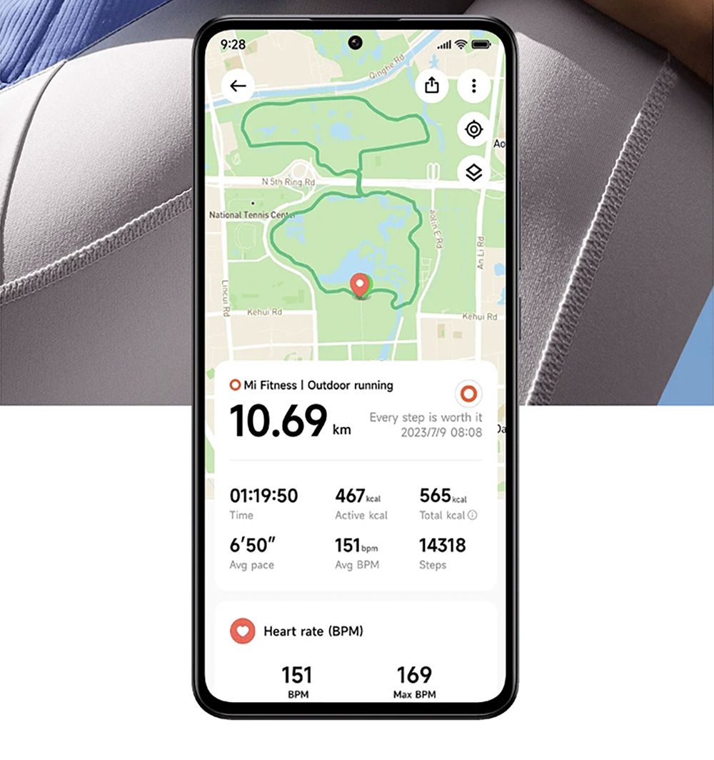 9:28N 5th Ring RdNational Tennis  Rd RdAcKehui Rd Mi Fitness  Outdoor running10.69 kmEvery step is worth it2023/7/9 08:0801:19:50Time650467 Active kcalTotal kcal151 bpm14318Avg paceAvg BPMStepsHeart rate (BPM)151BPM169Max BPM
