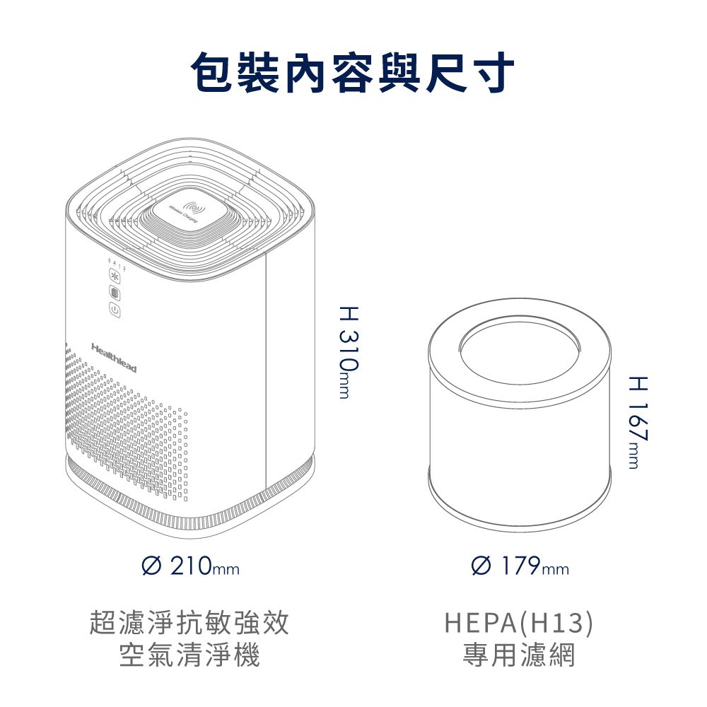 包裝與尺寸HealthleadH 310mmH167mm 210mm超濾淨抗敏強效空氣清淨機 179mmHEPA(H13)專用濾網