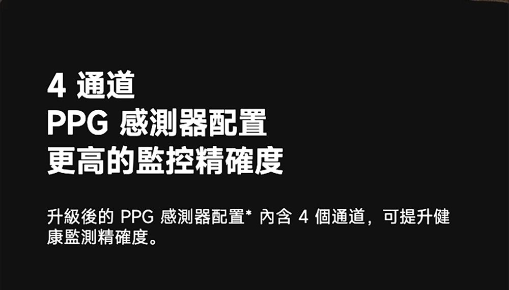 通道PPG 感測器配置更高的監控精確度升級後的 PPG 感測器配置* 內含4個通道,可提升健康監測精確度。