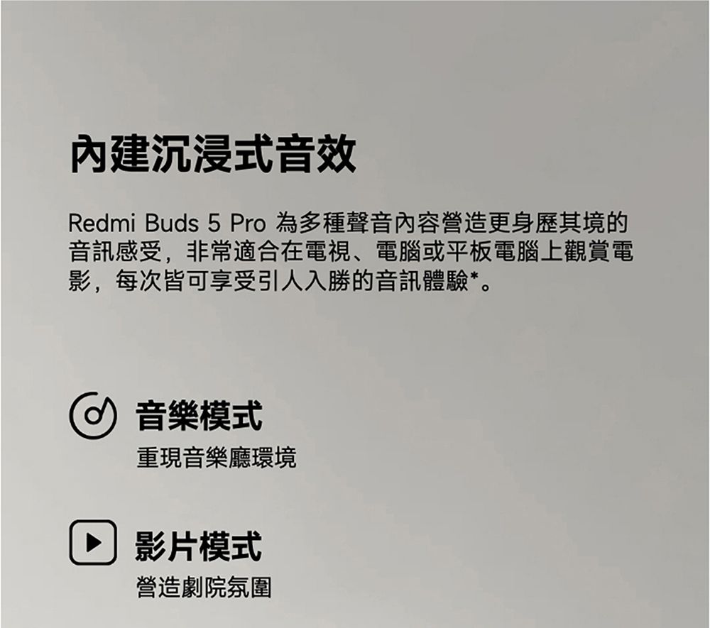 沉浸式音效Redmi Buds 5 Pro為多種聲音內容營造更身歷其境的音訊感受,非常適合在電視、電腦或平板電腦上觀賞電影,每次皆可享受引人入勝的音訊體驗*。音樂模式重現音樂廳環境影片模式營造劇院氛圍