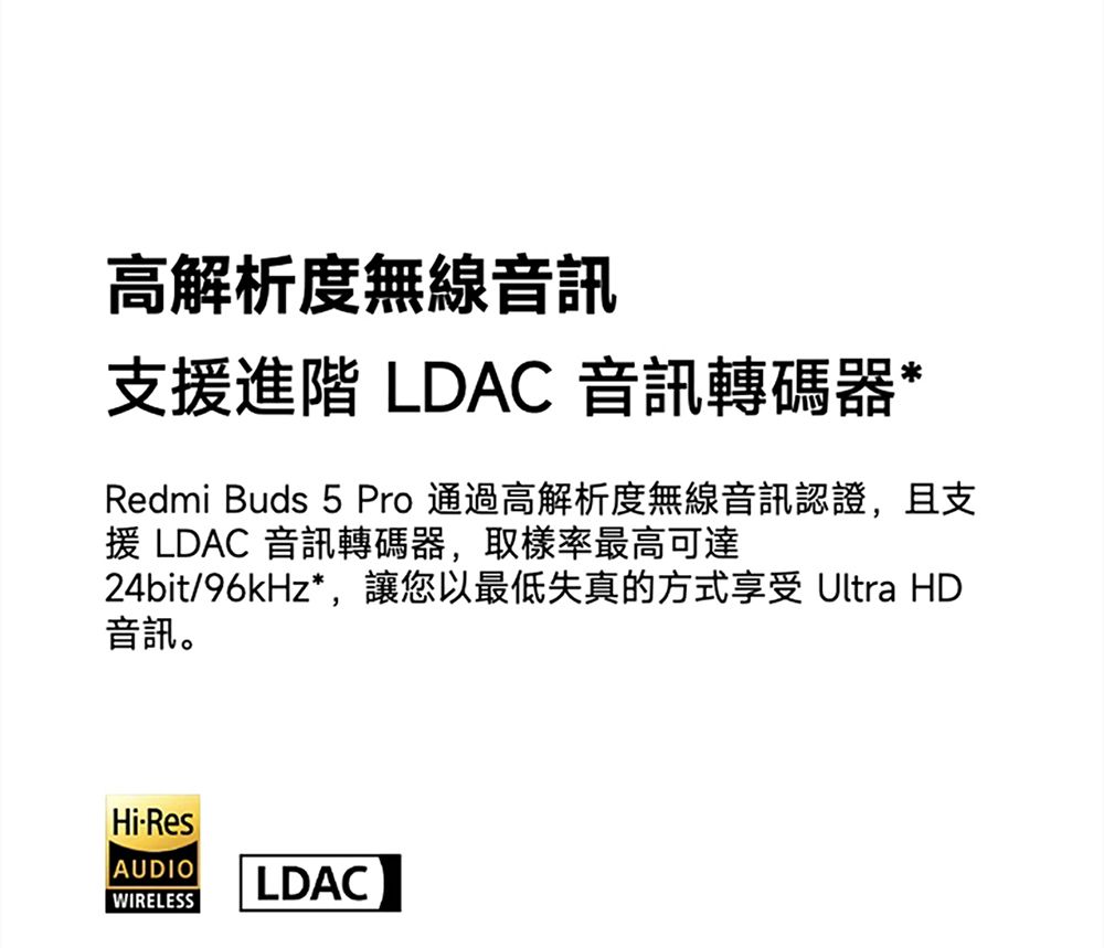高解析度無線音訊支進階 LDAC 音訊轉碼器*Redmi Buds 5 Pro 通過高解析度無線音訊認證,且支援 LDAC 音訊轉碼器,取樣率最高可達24bit/96kHz*,讓您以最低失真的方式享受 Ultra HD音訊。Hi-ResAUDIOLDACWIRELESS