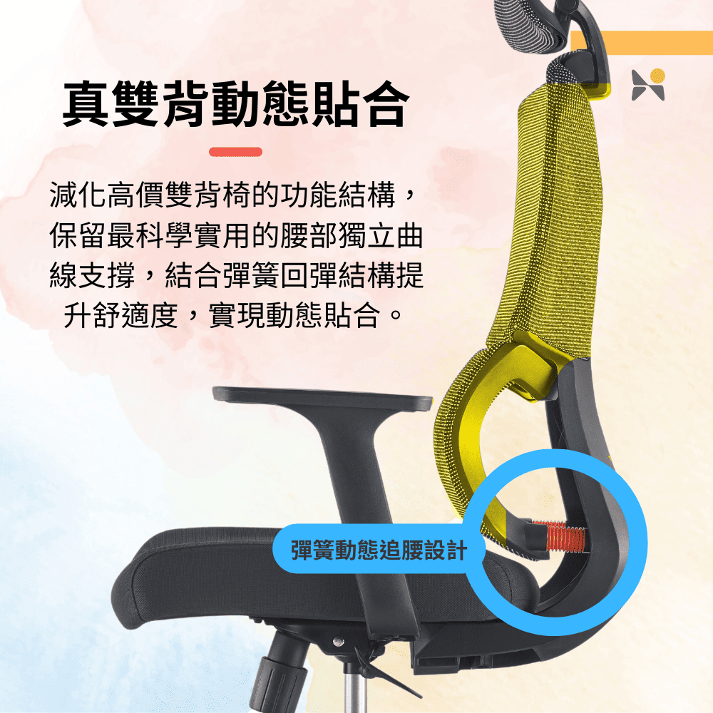 真雙背動態貼合減化高價雙背椅的功能結構,保留最科學實用的腰部獨立曲線支撐,結合彈簧回彈結構提升舒適度,實現動態貼合。彈簧動態追腰設計