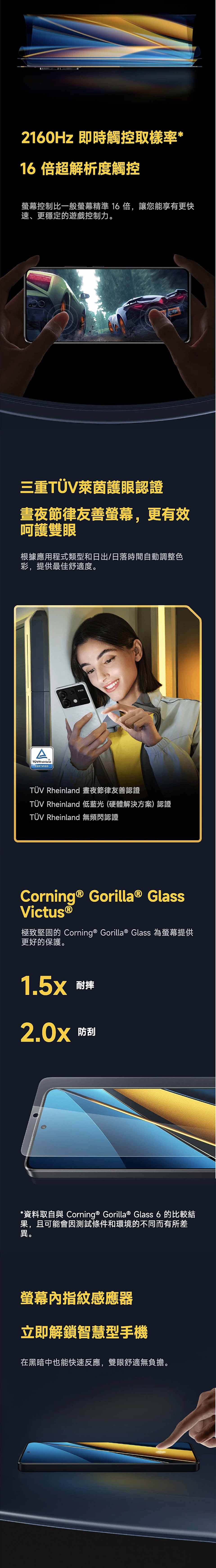 2160Hz 即時觸控取樣率*16倍超解析度觸控螢幕控制比一般螢幕精準16倍,讓您能享有更快速、更穩定的遊戲控制力。三重萊茵護眼認證晝夜節律友善螢幕,更有效呵護雙眼根據應用程式類型和日出/日落時間自動調整色彩,提供最佳舒適度。ATUVRheinlandCERTIFIEDPOCOTÜV Rheinland 晝夜節律友善認證TÜV Rheinland 低藍光(硬體解決方案)認證TÜV Rheinland 無頻閃認證Corning® Gorilla® GlassVictus ®極致堅固的 Corning ® Gorilla® Glass 為螢幕提供更好的保護。1.5X 耐摔2.0X 防刮*資料取自與 Corning ® Gorilla® Glass 6 的比較結果,且可能會因測試條件和環境的不同而有所差異。螢幕內指紋感應器立即解鎖智慧型手機在黑暗中也能快速反應,雙眼舒適無負擔。