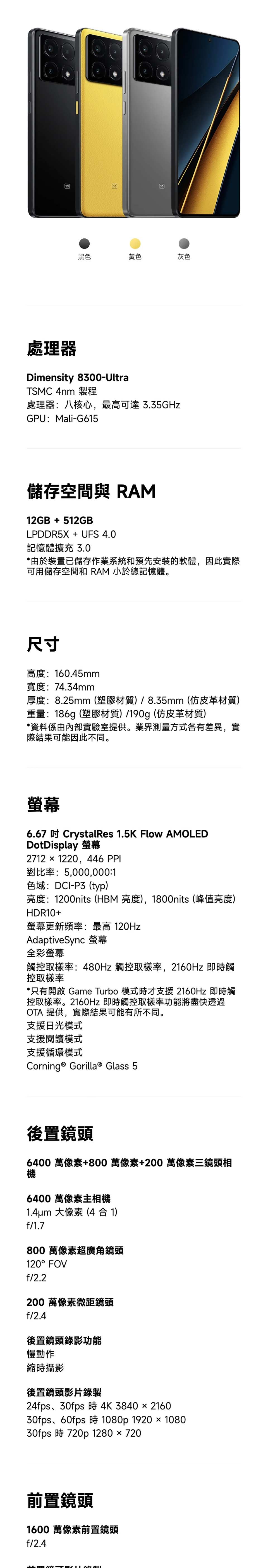 5G黑色黃色灰色處理器Dimensity 8300-UltraTSMC 4nm 製程處理器:八核心,最高可達3.35GHzGPU:Mali-G615儲存空間與 RAM12GB+512GBLPDDR5X + UFS 4.0記憶體擴充 3.0*由於裝置已儲存作業系統和預先安裝的軟體,因此實際可用儲存空間和 RAM 小於總記憶體。尺寸高度:160.45mm寬度:74.34mm厚度:8.25mm(塑膠材質/8.35mm(仿皮革材質)重量:186g(塑膠材質)/190g(仿皮革材質)*資料係由內部實驗室提供。業界測量方式各有差異,實際結果可能因此不同。螢幕6.67  CrystalRes 1.5K Flow AMOLEDDotDisplay 螢幕27121220,446 PPI對比率:5,000,000:1色域:DCI-P3(typ)亮度:1200nits (HBM 亮度),1800nits (峰值亮度)HDR10+螢幕更新頻率:最高 120HzAdaptiveSync 螢幕全彩螢幕觸控取樣率:480Hz 觸控取樣率,2160Hz 即時觸控取樣率*只有開啟 Game Turbo 模式時才支援2160Hz 即時觸控取樣率。2160Hz 即時觸控取樣率功能將盡快透過OTA 提供,實際結果可能有所不同。支援日光模式支援閱讀模式支援循環模式Corning ® Gorilla® Glass 5後置鏡頭6400 萬像素+800萬像素+200萬像素三鏡頭相機6400 萬像素主相機1.4um 大像素(4  1)f/1.7800 萬像素超廣角鏡頭120°FOVf/2.2200 萬像素微距鏡頭f/2.4後置鏡頭錄影功能慢動作縮時攝影後置鏡頭影片錄製24fps、30fps 時4K3840×216030fps、60fps 時 1080p 1920×108030fps 時 720p 1280×720前置鏡頭1600 萬像素前置鏡頭f/2.4