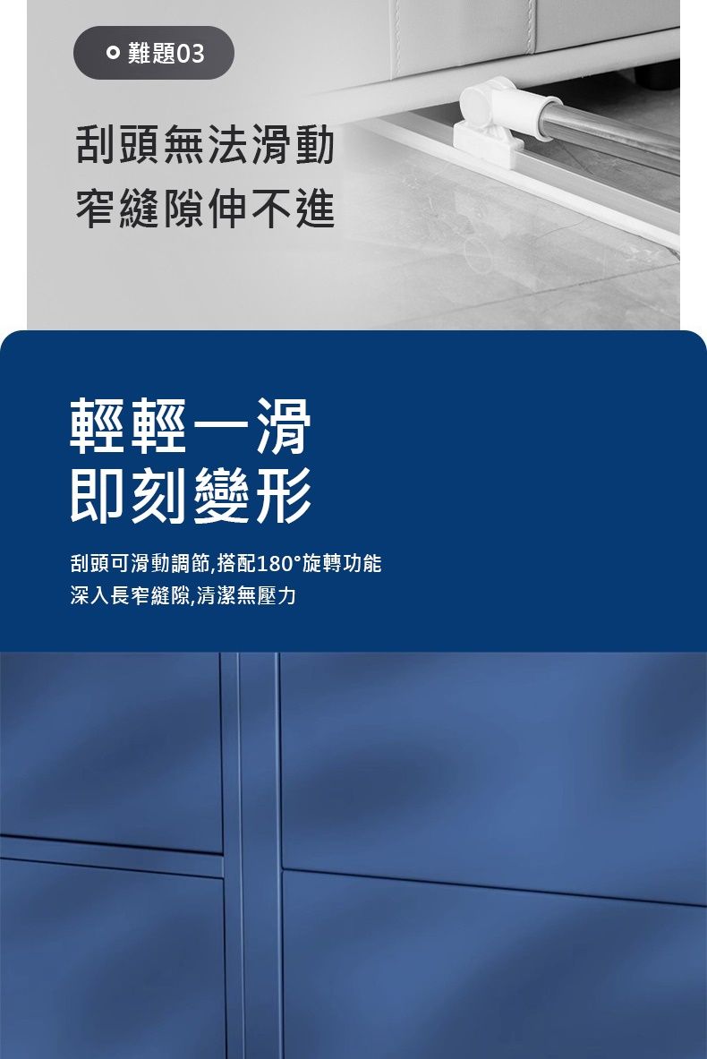 難題刮頭無法滑動窄縫隙伸不進輕輕一滑即刻變形刮頭可滑動調節,搭配180旋轉功能深入長窄縫隙,清潔無壓力