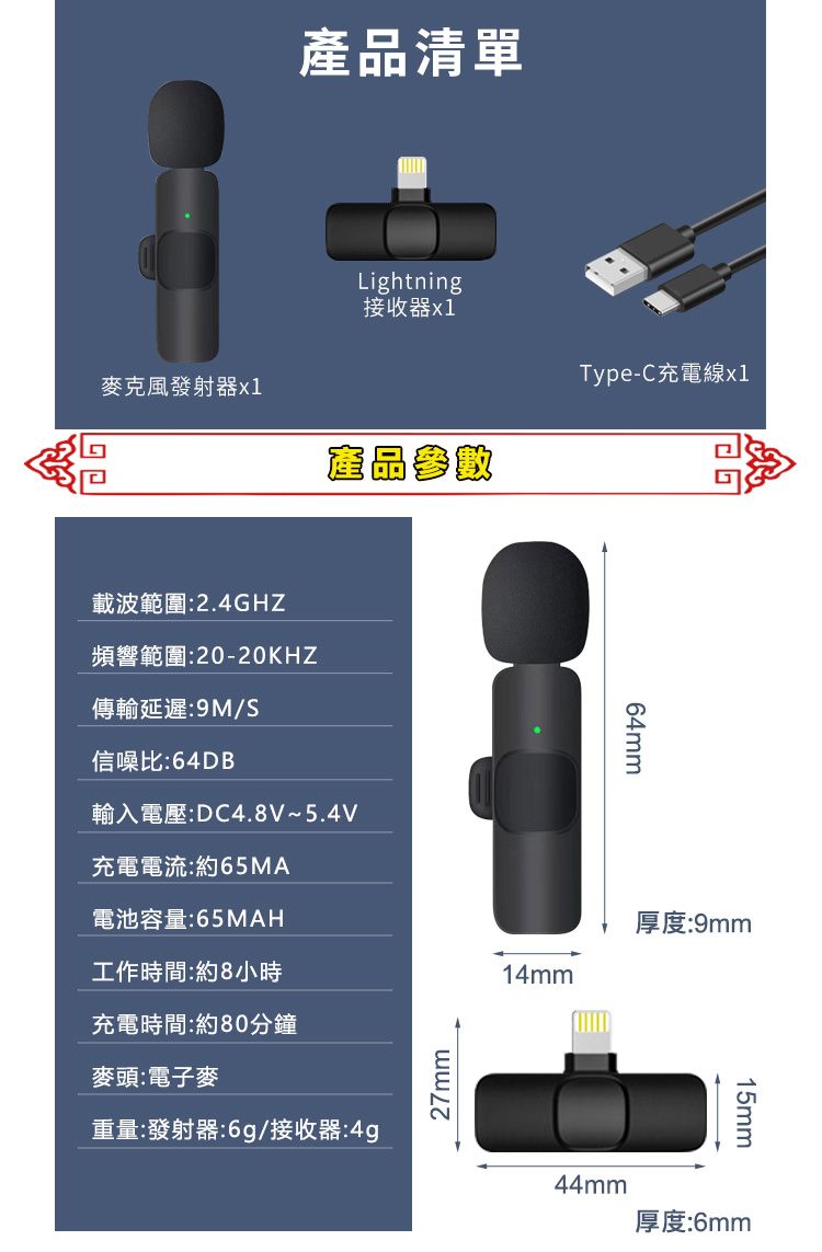 產品清單Lightning接收器x1麥克風發射器x1載波範圍:2.4GHZ產品參數Type-C充電線x1頻響範圍:20-20KHZ傳輸延遲:9M/S信噪比:64DB輸入電壓:DC4.8V~5.4V充電電流:約65MA電池容量:65MAH工作時間:約8小時充電時間:約80分鐘麥頭:電子麥重量:發射器:6g/接收器:4g27mm64mm厚度:9mm14mm44mm15mm厚度:6mm