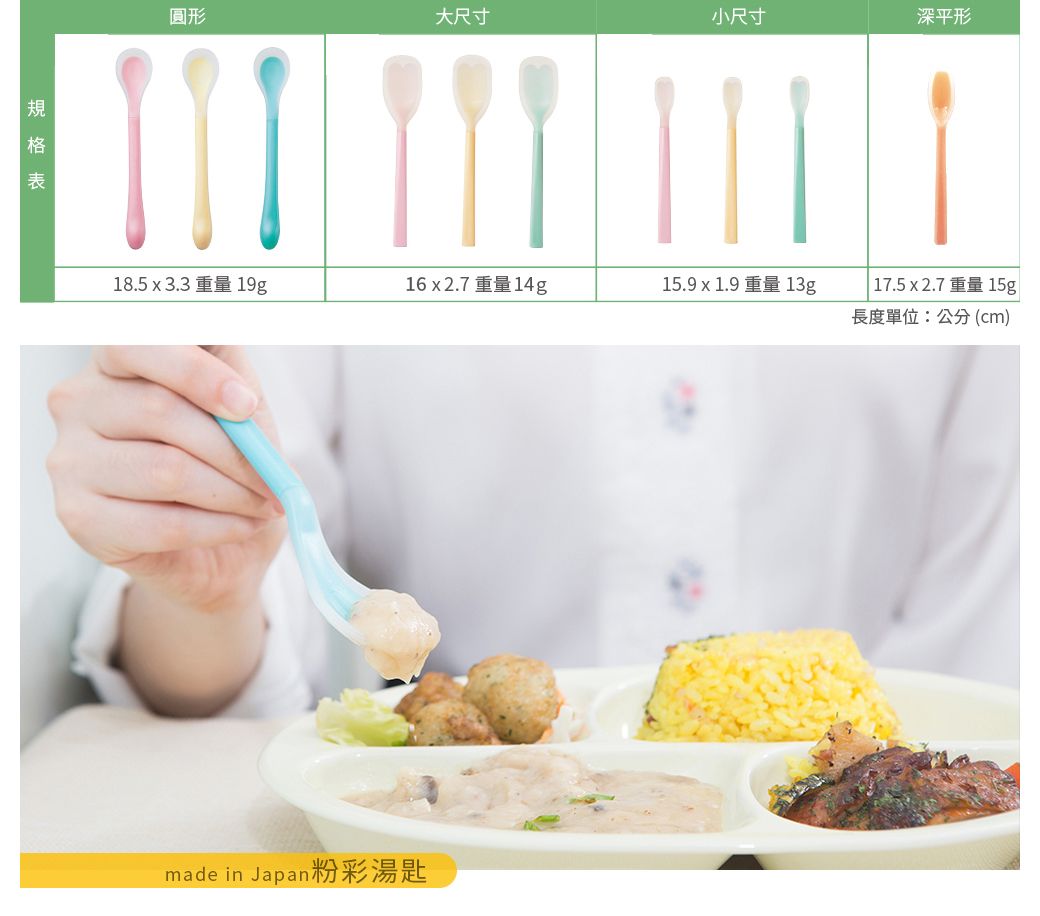 圓形大尺寸小尺寸深平形18.53.3 重量 19g162.7 重量14g15.9 x 1.9重量 13g17.5 x 2.7 重量 15g長度單位:公分(cm)made in Japan 粉彩湯匙