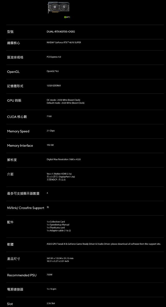 型號繪圖核心匯流排規格OpenGL記憶體形式GPU 時脈CUDA 核心數emory SpeedMemory Interface解析度介面最多可支援顯示器數量配件軟體產品尺寸Recommended PSU電源連接器DUALRTX4070S-O2GSlotNVIDIA GeForce RTX 4070 SUPER Epress OpenGL462GB GDDR6X mode 2550 MHz (Boost ClockDefault mode 2520 MHz (Boost Clock)NVlink/ Crossfire Support M76821 Gbps192-bitDigital Ma Resolution 76804320Yes  1 (Native HDMI )有3(原生 DisplayPort )支援HDCP:有 Collection Card Speedsetup Manual1 x Thank you card1 x Adapter cable (1 to 2)ASUS GPU Tweak  & GeForce Game Ready Driver & Studio Driver: please download all software from the support site.267.01 x 133.94 x 51.13 mm10.51 x 5.27 x 2.01 inch-pin2.56 Slot