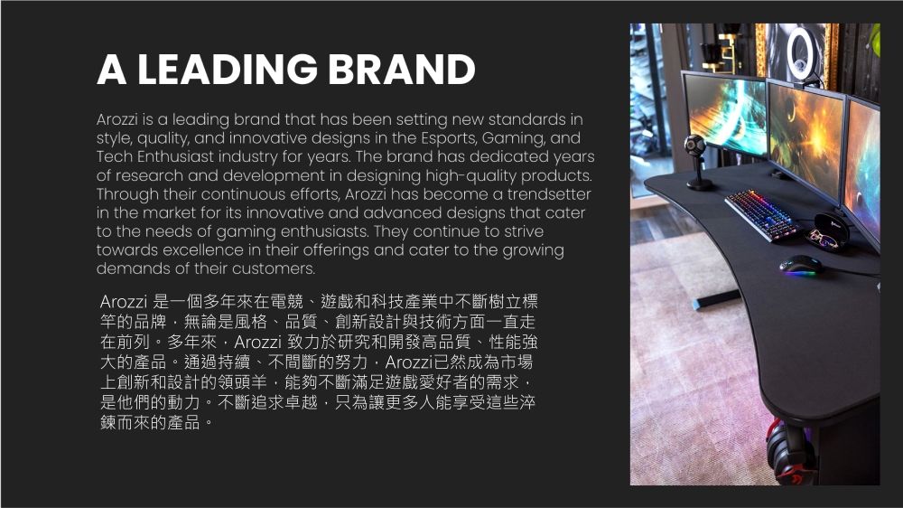 A LEADING BRANDArozzi is a leading brand that has been setting new standards instyle quality and innovative designs in the Esports Gaming andTech Enthusiast industry for years The brand has dedicated yearsof research and development in designing high-quality productsThrough their continuous efforts, Arozzi has become a trendsetterin the market for its innovative and advanced designs that caterto the needs of gaming enthusiasts. They continue to strivetowards excellence in their offerings and cater to the growingdemands of their customers.Arozzi 是一個多年來在電競、遊戲和科技產業中不斷樹立標竿的品牌,無論是風格、品質、創新設計與技術方面一直走在前列。多年來,Arozzi 致力於研究和開發高品質、性能強大的產品。通過持續、不間斷的努力,Arozzi成為市場上創新和設計的領頭羊,能夠不斷滿足遊戲愛好者的需求,是他們的動力。不斷追求卓越,只為讓更多人能享受這些淬鍊而來的產品。