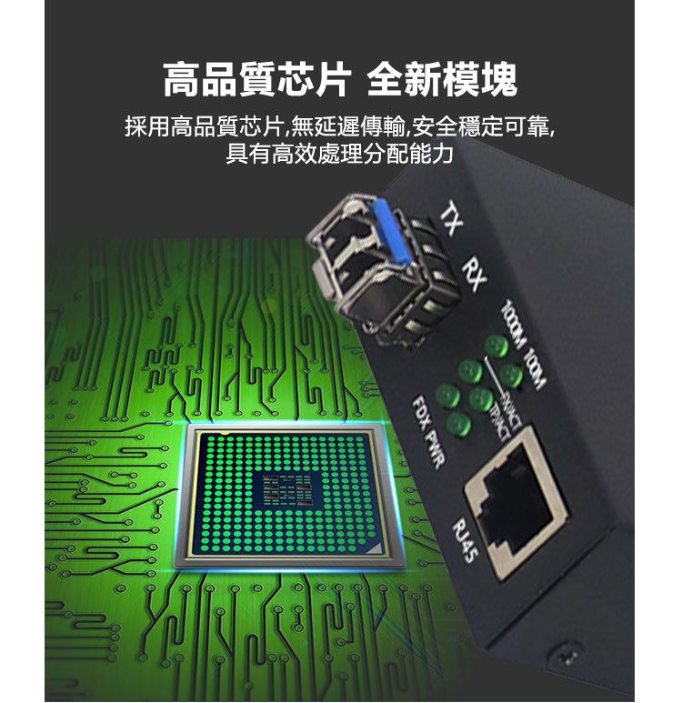 1000M 100MTX RX高品質芯片 全新模塊採用高品質芯片,無延遲傳輸,安全穩定可靠,具有高效處理分配能力FDX PWRRJ45