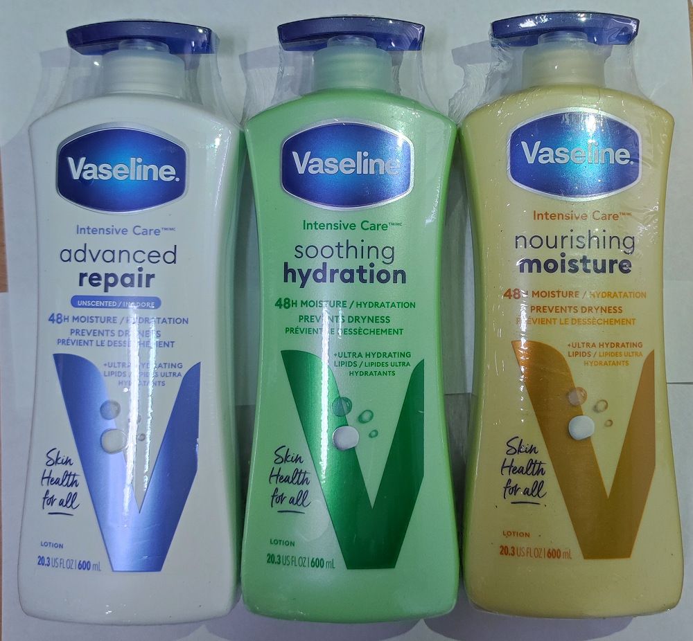 VaselineIntensive CareadvancedrepairUNSCENTED48H PREVENTS DR PREVIENT LE    LI PIDS ULTRASkinHealth allVaselineIntensive Caresoothinghydration48H MOISTUREHYDRATATIONPREV NTS DRYNESSPREVIENT ULTRA HYDRATINGLIPIDSLIPIDES ULTRAHYDRATANTSSkinHealth allVaselineIntensive Carenourishingmoisture48 MOISTURE/HYDRATATIONPREVENTS DRYNESSEVIENT LE DESSÈCHEMENTULTRA HYDRATINGLIPIDS/LIPIDES ULTRAHYDRATANTSSkinHealth allLOTION US  600 LOTION20.3 US FL LOTION20.3 US FL OZ1600