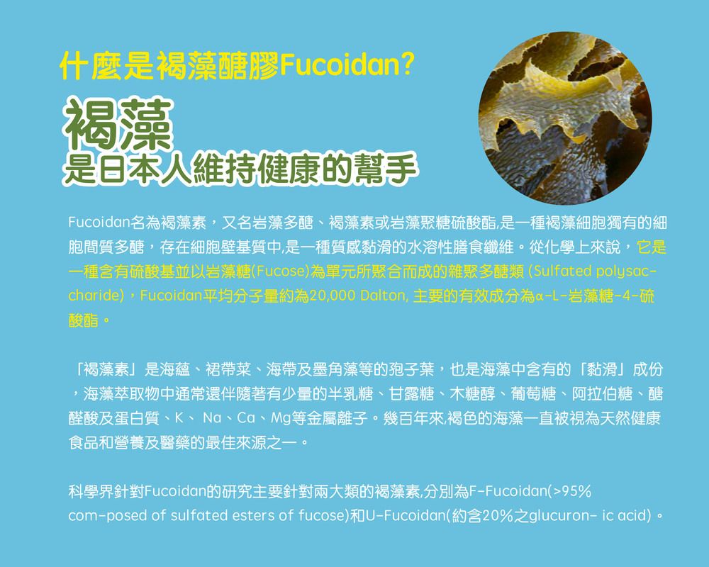 什麼是藻膠 Fucoidn?褐是日本人維持健康的幫手Fucoidan名褐藻素又名岩藻多醣、褐藻素或岩藻聚糖硫酸酯,是一種褐藻細胞獨有的細胞間質多醣,存在細胞壁基質中,是一種質感黏滑的水溶性膳食纖維從化學上來說,它是一種含有硫酸基並以岩藻糖(Fucose)為單元所聚合而成的雜聚多醣類(Sulfated polysaccharide),Fucoidan平均分子量約為20,000 Dalton, 主要的有效成分為aL-岩藻糖-4-硫酸酯。「褐藻素是海蘊、裙帶菜、海帶及墨角藻等的孢子葉,也是海藻中含有的「黏滑」 成份,海藻萃取物中通常還伴隨著有少量的半乳糖、甘露糖、木糖醇、葡萄糖、阿拉伯糖、醣醛酸及蛋白質、K、Na、Ca、Mg等金屬離子。幾百年來,褐色的海藻一直被視為天然健康食品和營養及醫藥的最佳來源之一。科學界針對Fucoidan的研究主要針對兩大類的褐藻素,分別為F-Fucoidan(95%com-posed of sulfated esters of fucose)和U-Fucoidan(約含20%之glucuron- ic acid)。