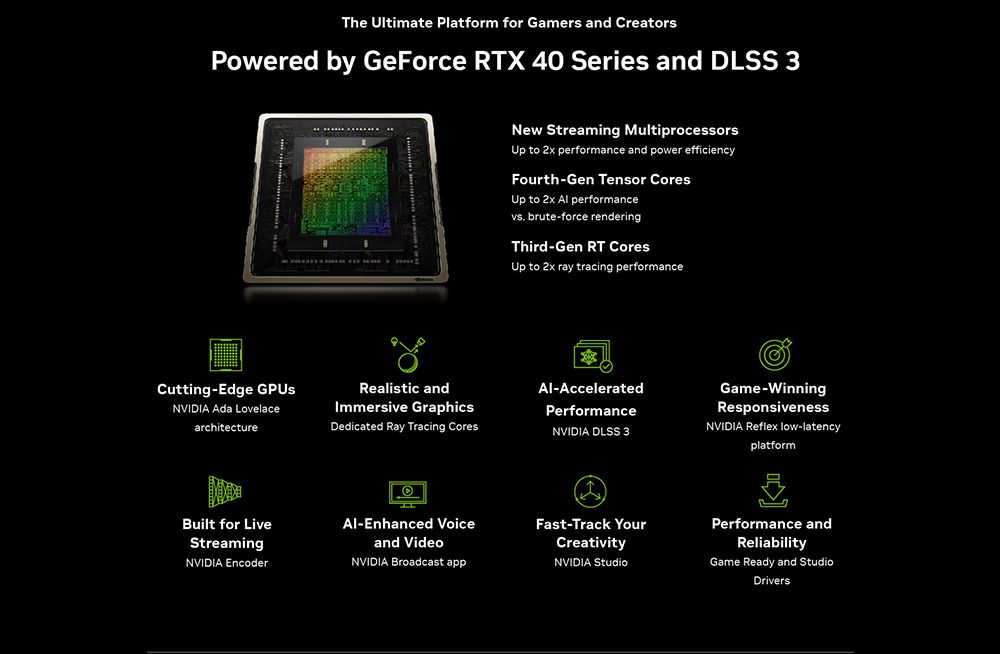 The Ultimate Platform for Gamers and CreatorsPowered by GeForce RTX 40 Series and DLSS 3New Streaming MultiprocessorsUp to 2x performance and power efficiencyFourth-Gen Tensor CoresUp to 2x  performancevs. brute-force renderingThird-Gen RT CoresUp to 2x ray tracing performanceCutting-Edge NVIDIA Ada LovelacearchitectureRealistic andImmersive GraphicsDedicated Ray Tracing CoresAl-AcceleratedPerformanceNVIDIA DLSS 3Game-WinningResponsivenessNVIDIA Reflex low-latencyplatformBuilt for LiveStreamingNVIDIA EncoderAl-Enhanced Voiceand VideoNVIDIA Broadcast appFast-Track YourCreativityNVIDIA StudioPerformance andReliabilityGame Ready and StudioDrivers