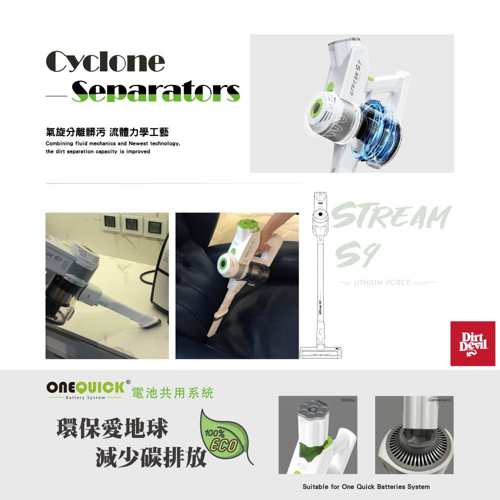 Cyclone氣旋分離髒污 流體力學工藝Combining fluid mechanics and Newest technologythe dirt separation capacity is improved STREAM STREAM LITHIUM FORCE電池共用系統 Battery System環保愛地球100%ECO減少碳排放Suitable for One Quick Batteries SystemDirt