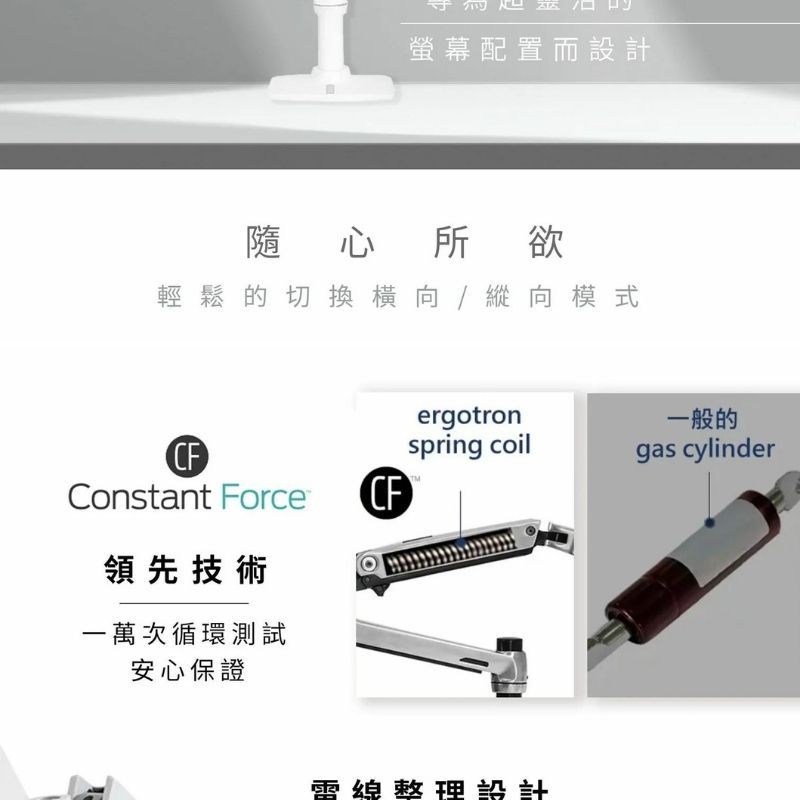 螢幕配置而設計隨心所欲輕鬆的切換橫向/縱向模式ergotron一般的CFspring coilgas cylinderConstant ForceCF領先技術一萬次循環測試安心保證雷整理設計