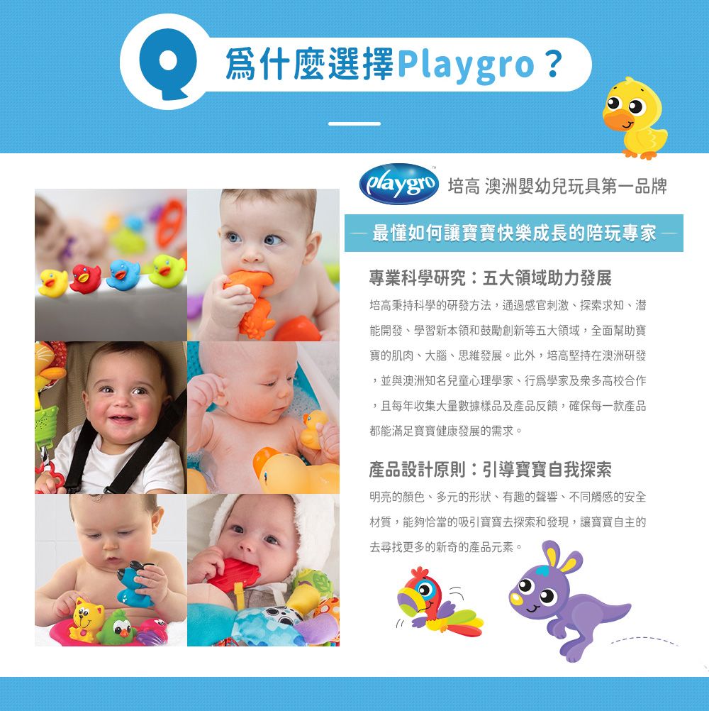 爲什麼選擇 Playgro? 培高 澳洲嬰幼兒玩具第一品牌-最懂如何讓快樂成長的陪玩專家專業科學研究:五大領域助力發展培高秉持科學的研發方法,通過感官刺激探索求知、潜能開發、學習新本領和鼓勵創新等五大領域,全面幫助寶寶的肌肉、大腦、思維發展。此外,培高堅持在澳洲研發,並與澳洲知名兒童心理、學家及眾多高校合作,且每年收集大量數據樣品及產品反饋,確保每一款產品都能滿足寶寶健康發展的需求。產品設計原則:引導寶寶自我探索明亮的顏色、多元的形狀、有趣的聲響、不同觸感的安全材質,能夠恰當的吸引寶寶去探索和發現,讓寶寶自主的去尋找更多的新奇的產品元素。