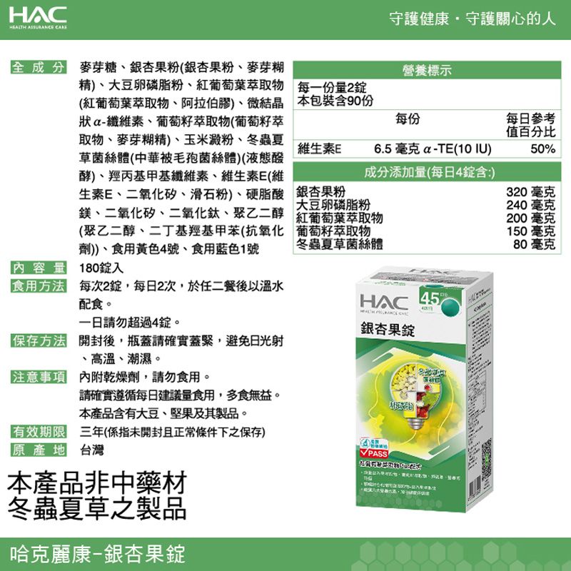 HACHEALTH  守護健康守護關心的人麥芽糖銀杏果粉(銀杏果粉、麥芽糊精)、大豆卵磷脂粉、葡萄葉萃取物(紅葡萄葉萃取物、阿拉伯膠)、微結晶纖維素、葡萄籽萃取物(葡萄籽萃取物、麥芽糊精)、玉米澱粉、冬蟲夏草菌絲體(中華被毛孢菌絲體)(液態酵)、羥丙基甲基纖維素、維生素E(維生素E、二氧化矽、滑石粉)、硬脂酸鎂、二氧化矽、二氧化鈦、聚乙二醇(聚乙二醇、二丁基羥基甲苯(抗氧化劑))、食用黃色4號、食用藍色1號180入營養標示每一份2本包裝含90份每份維生素E6.5毫克-TE(10 IU)成分添加量(每日4含:)每日參考值百分比50320毫克2毫克200毫克150毫克80毫克銀杏果粉大豆卵磷脂粉紅葡萄葉萃取物葡萄籽萃取物冬蟲夏草菌絲體內容量食用方法每次2,每日2次,於任二餐後以溫水配食。HAC45%40請勿超過4。【保存方法 開封後,瓶蓋請確實蓋緊,避免日光射、高溫、潮濕。注意事項 內附乾燥劑,請勿食用。銀杏果錠請確實遵循每日建議量食用,多食無益。本產品含有大豆、堅果及其製品。「有效期限 (係指未開封且正常條件下之保存)原產地 台灣本產品非中藥材冬蟲夏草之製品哈克麗康-銀杏果錠PASS