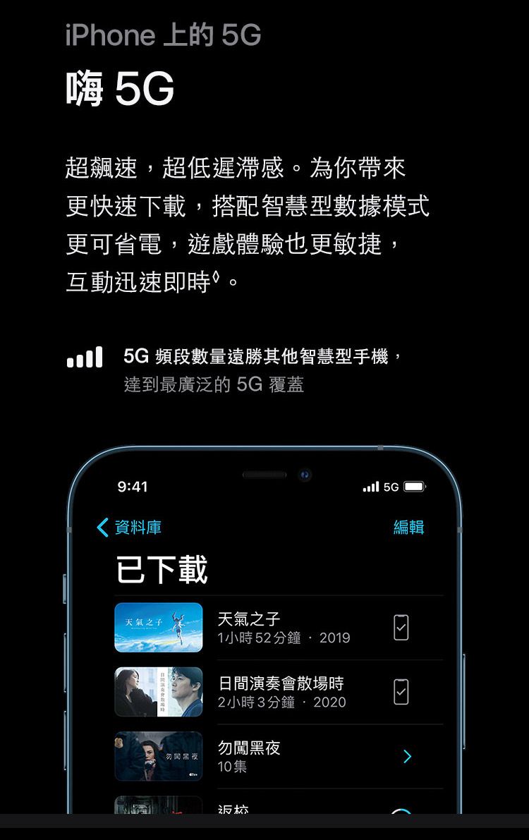 iPhone 上的 5G嗨 5G超飆速超低遲滯感。為你帶來更快速下載,搭配智慧型數據模式更可省電,遊戲體驗也更敏捷,互動迅速即時。 5G頻段數量遠勝其他智慧型手機,達到最廣泛的 5G 覆蓋9:41資料庫已下載天氣之子勿天氣之子1小時52分鐘 2019日間演奏會散場時2小時3分鐘,2020勿闖黑夜10集 5Gلكا編輯