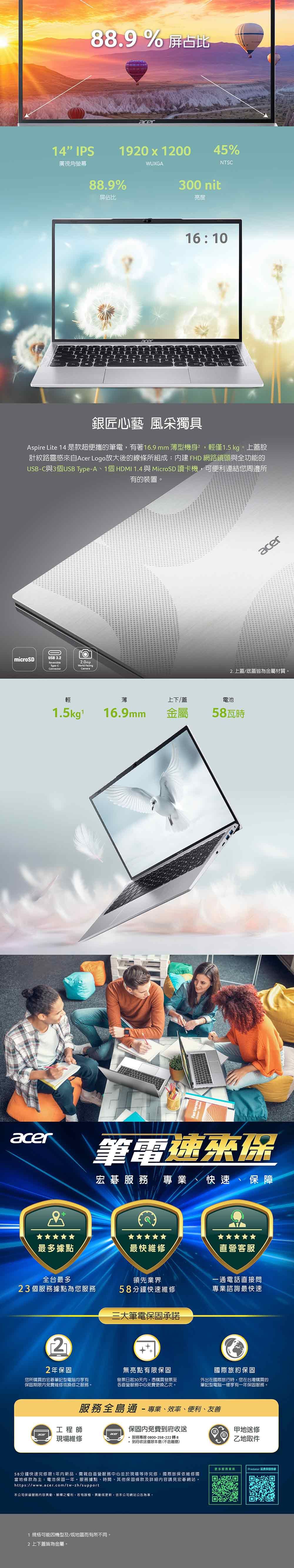 14 IPS廣視角螢幕88.9 % 屏占比190  120088.9%WUXGA45%300 nitNTS屏佔比acer亮度1610銀匠心藝 風采獨具Aspire Lite 14 是款超便攜的筆電有著16.9mm 薄型機身,輕僅1.5 kg上蓋設計紋路靈感來自Acer Logo放大後的線條所組成; FHD 網路鏡頭與全功能的USBC與3個USB -A1個HDMI 1.4 與 MicroSD 讀卡機,可便利連結您周邊所有的裝置。microSDUSB3.2ReversibleType-CConnectorWorld Facing2.0mpacer2.上蓋/底蓋皆為金屬材質。薄上下/蓋電池1.5kg16.9mm金屬58瓦時acer筆電速來保宏碁 專業快速保障最多據點最快維修直營客服全台最多領先業界一通電話直接問23個服務據點為您服務58分鐘快速維修專業諮詢最快速三大筆電承諾22年保固您所購買的宏碁筆記型電腦均享有保固期限免費維修或換修之服務。無亮點有限保固發票日起30天內,憑購買發票至各直營服務中心免費更換乙次。國際旅約保固外出在國際旅行時,您在台灣購買的筆記型電腦一樣享有一年保固服務。服務全島通-專業效率、便利、友善保固內免費到府收送工程師現場維修 服務專線 0800-258-222 轉8 到府收送僅限本島(不含離島)58分鐘快速完修限1年内新品,需親自直營服務中心並於現場等待完修:國際旅保依維修國當地條款為主:電池保固一年。服務據點、時間、其他保固條款及詳細內容請見宏碁網站。https://www.acer.com/tw-zh/support本公司保留服務內容異動、解釋之權利,若有誤植、異動或更新,依本公司網站公告為準。1 規格可能機型及/或地區而有所不同。2 上下蓋皆為金屬。甲地送修乙地取件服務Predator 延長保固