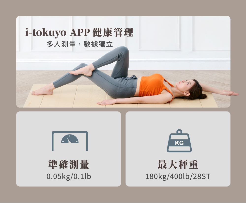 i-tokuyo APP 健康管理多人測量,數據獨立準確測量0.05kg/0.1lbKG最大秤重180kg/400lb/28ST
