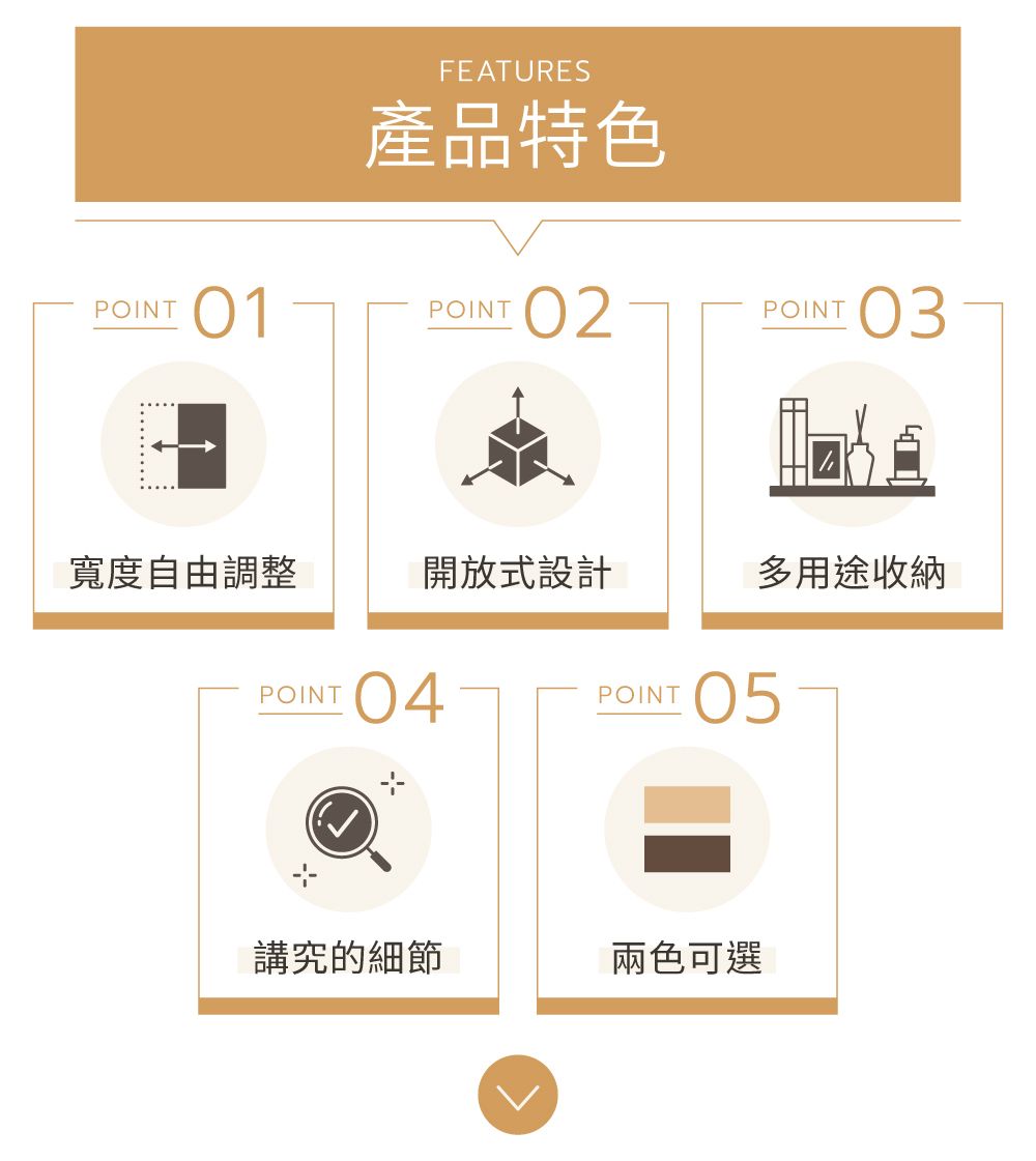 FEATURES產品特色POINT01POINT02POINT03寬度自由調整開放式設計多用途收納POINT04POINT05講究的細節兩色可選