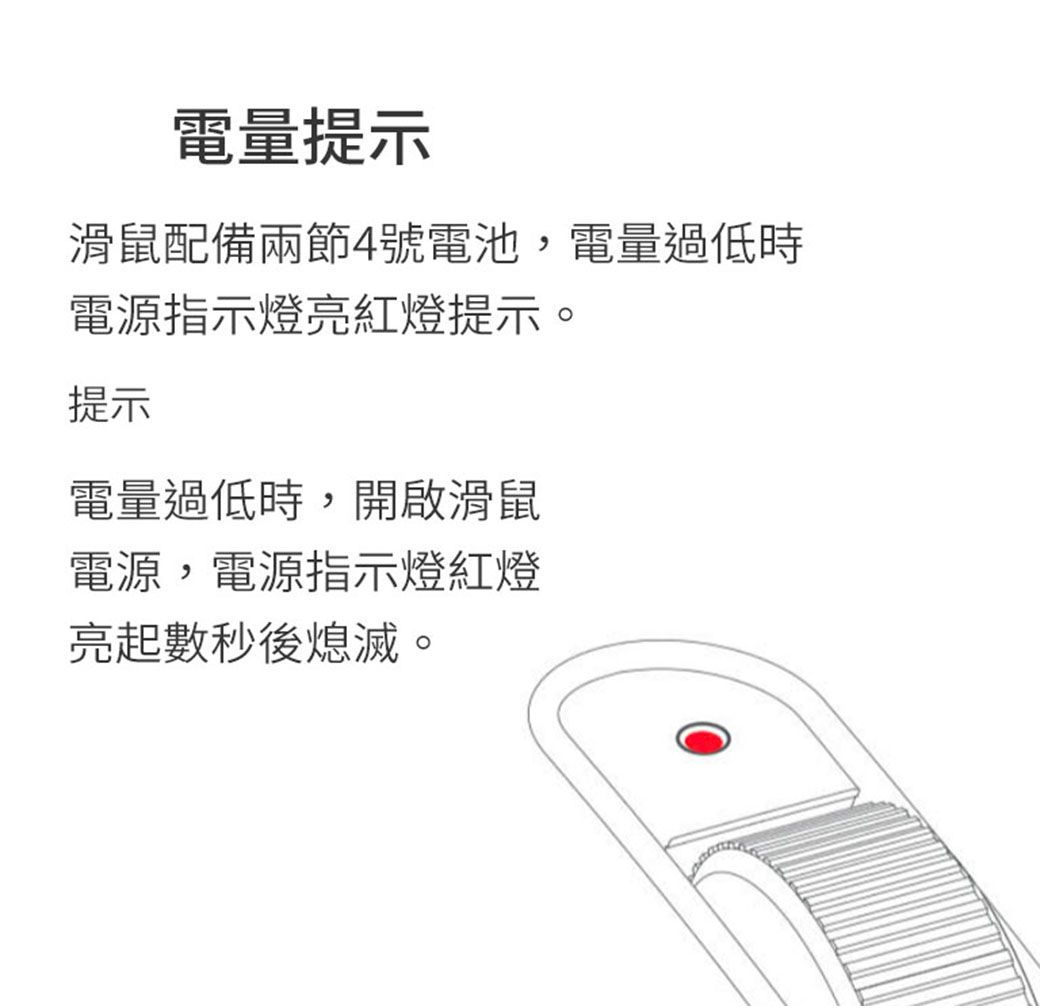 電量提示滑鼠配備兩節4號電池,電量過低時電源指示燈亮紅燈提示。提示電量過低時,開啟滑鼠電源,電源指示燈紅燈亮起數秒後熄滅。