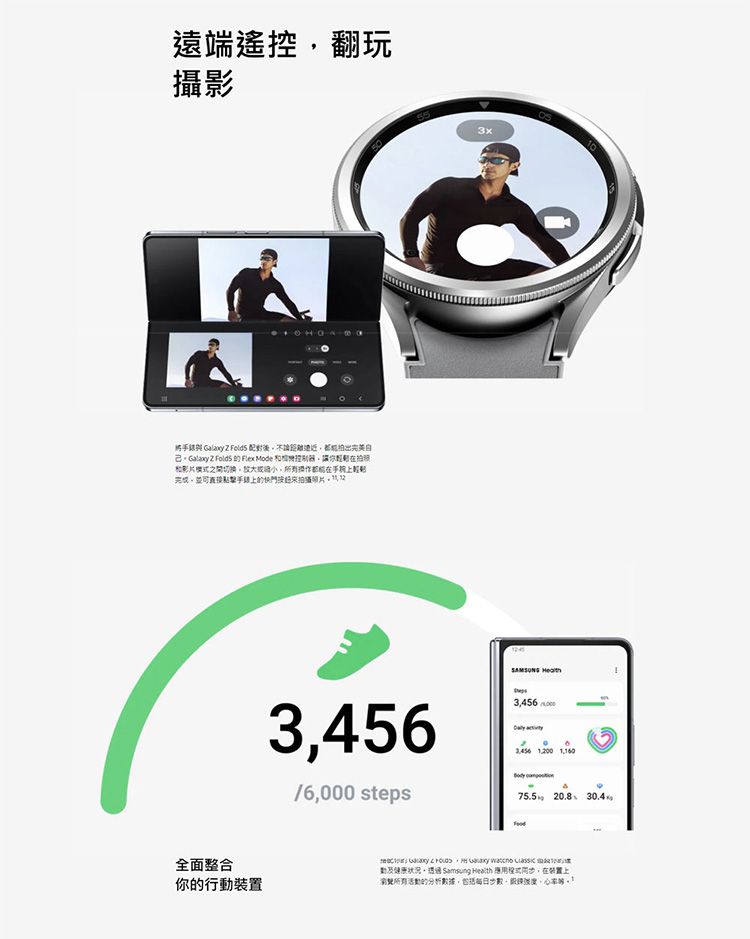遠端遙控翻玩攝影 Galaxy   後完美自Galay  Folds   Mode 你輕在和影片之間切換,都能在完成,並可上的快門按來拍攝 全面整合你的行3,456,00 steps 063,456  75.5  30.410  ,   動及健康狀況, Samsung Health 應用程式,在裝置上瀏覽所活動的分析數據,數