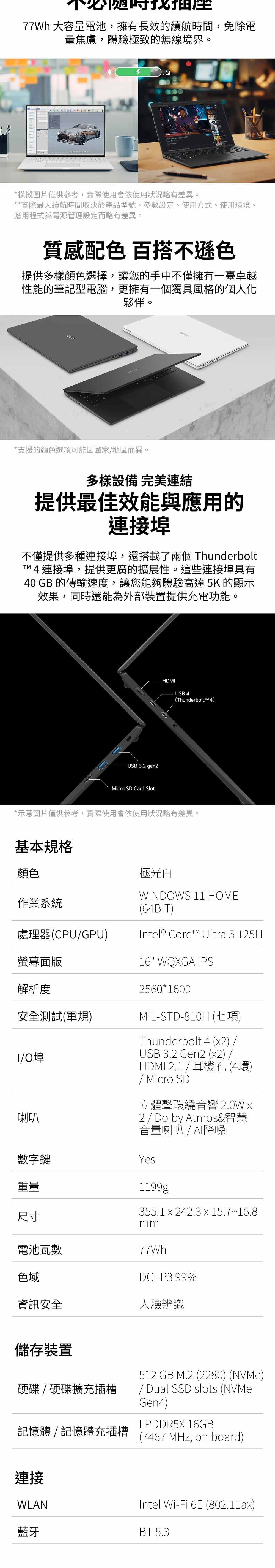77Wh 大容量電池,擁有長效的續航時間,免除電量焦慮,體驗極致的無線境界。 模擬圖片僅供參考,實際使用會依使用狀況略有差異。*實際最大續航時間取決於產品型號、參數設定、使用方式、使用環境、應用程式與電源管理設定而略有差異。質感配色 百搭不遜色提供多樣顏色選擇,讓您的手中不僅擁有一臺卓越性能的筆記型電腦,更擁有一個獨具風格的個人化夥伴。*支援的顏色選項可能因國家地區而異。多樣設備 完美連結提供最佳效能與應用的連接埠不僅提供多種連接埠,還搭載了兩個 Thunderbolt4連接埠,提供更廣的擴展性。這些連接埠具有TM40 GB 的傳輸速度,讓您能夠體驗高達 5K 的顯示效果,同時還能為外部裝置提供充電功能。USB 3.2 gen2Micro SD Card SlotHDMUSB 4(ThunderboltTM 4)*示意圖片僅供參考,實際使用會依使用狀況略有差異。基本規格顏色極光白作業系統處理器(CPU/GPU)WINDOWS 11 HOME(64BIT)Intel® Core™ Ultra 5 125H螢幕面版16 WQXGA IPS解析度2560*1600MIL-STD-810H (七項)安全測試(軍規)I/O埠喇叭Thunderbolt 4 (2)/USB 3.2 Gen2 (x2) /HDMI 2.1 / 耳機孔 (4環)/ Micro SD立體聲環繞音響 2.0W x2/ Dolby Atmos&智慧音量喇叭/降噪數字鍵Yes重量尺寸1199g355.1x242.3x15.7~16.8mm電池瓦數77Wh色域DCI-P3 99%資訊安全人臉辨識儲存裝置硬碟/硬碟擴充插槽記憶體/記憶體充插槽512 GB M.2 (2280) (NVMe)/ Dual SSD slots (NVMeGen4)LPDDR5X 16GB(7467 MHz, on board)連接WLANIntel Wi-Fi 6E (802.11ax)藍牙BT 5.3